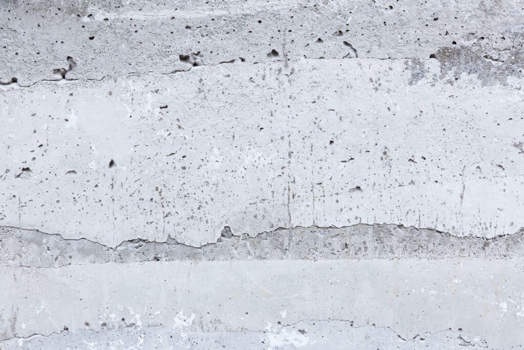 Close-up of a rough, gray concrete wall with horizontal lines, cracks, and small holes, showing a textured and unfinished surface.