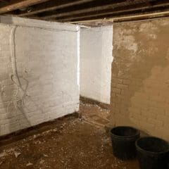 A dimly lit, unfinished basement with white-painted brick walls, exposed wooden ceiling beams, and a dirt floor. Three black buckets sit in the corner, and loose wires hang from the wall.