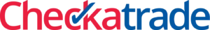 Checkatrade logo with "Check" in red and "atrade" in blue. The letter "k" features a blue checkmark incorporated into its design. Transparent background.