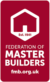 A red rectangular logo with a white house outline above the words "Est. 1941" and "Federation of Master Builders" in white text, with "fmb.org.uk" at the bottom.