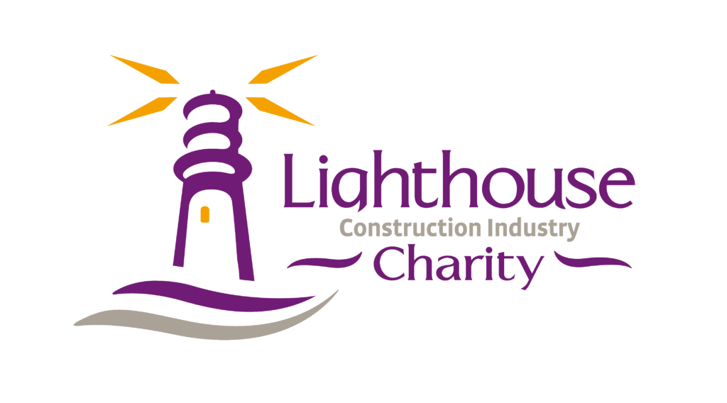 Logo for Lighthouse Construction Industry Charity featuring a purple lighthouse with yellow beams, purple and gray waves below, and the organization’s name in a mix of purple and gray text.